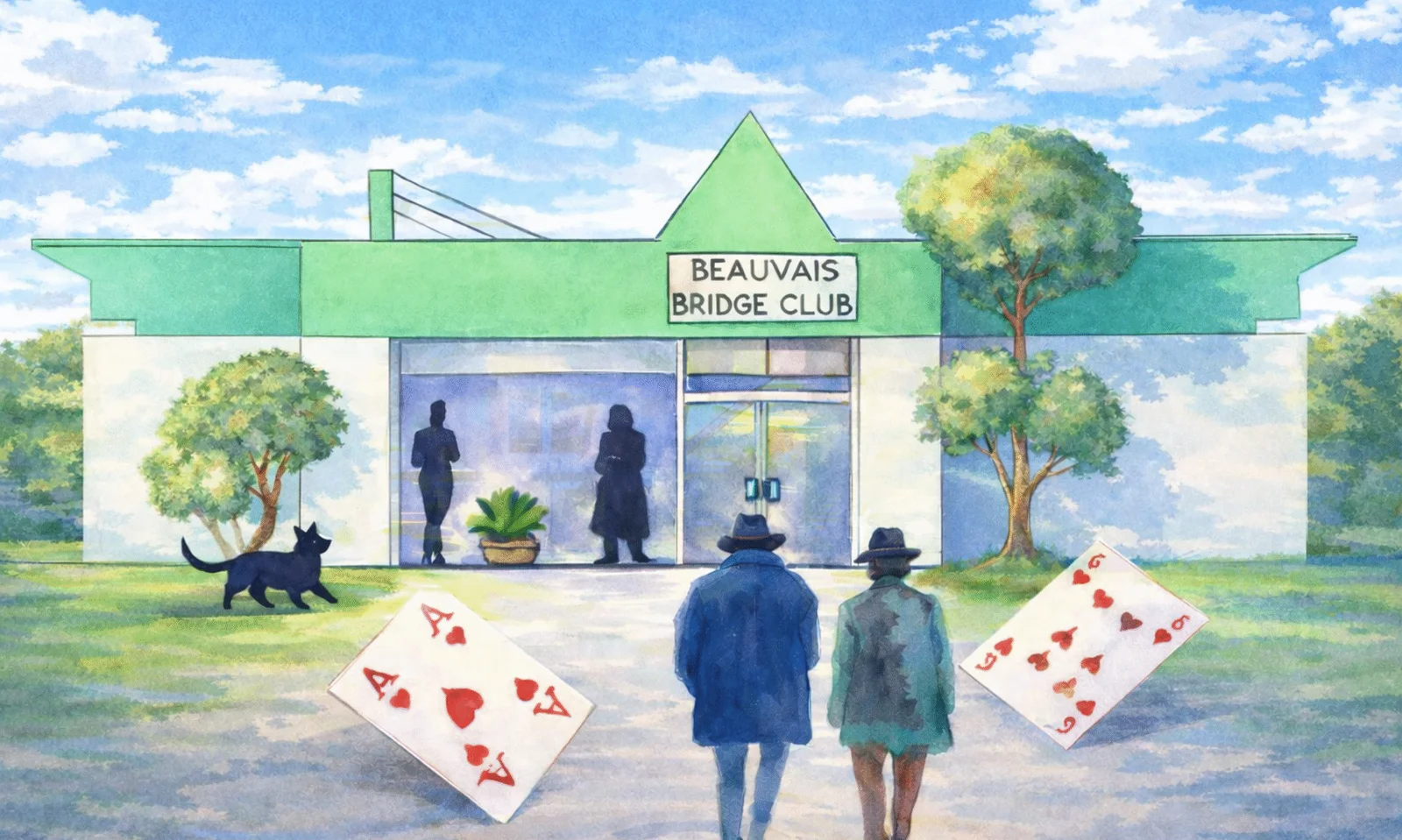 Aquarelle de la façade du club : la vitrine verte « Beauvais Bridge Club », des joueurs vus de dos et un chat noir